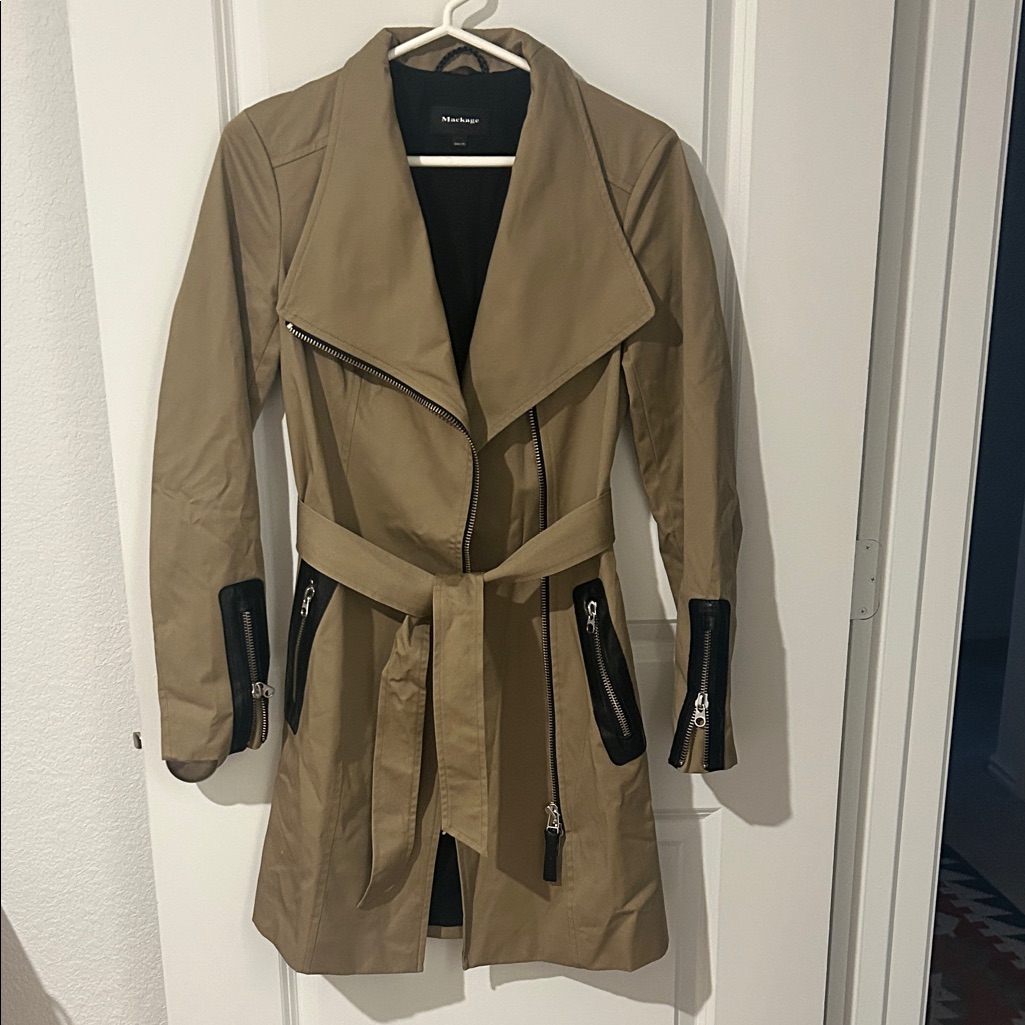 Mackage Tan Trench Coat With Black Trim And Belt
